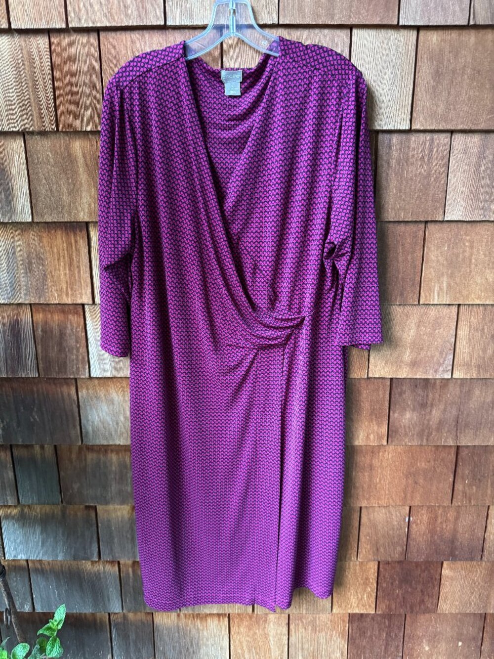Chico's Magenta/Black Faux Wrap Three Qtr Sleeve Knit Dress in Women's 16/18